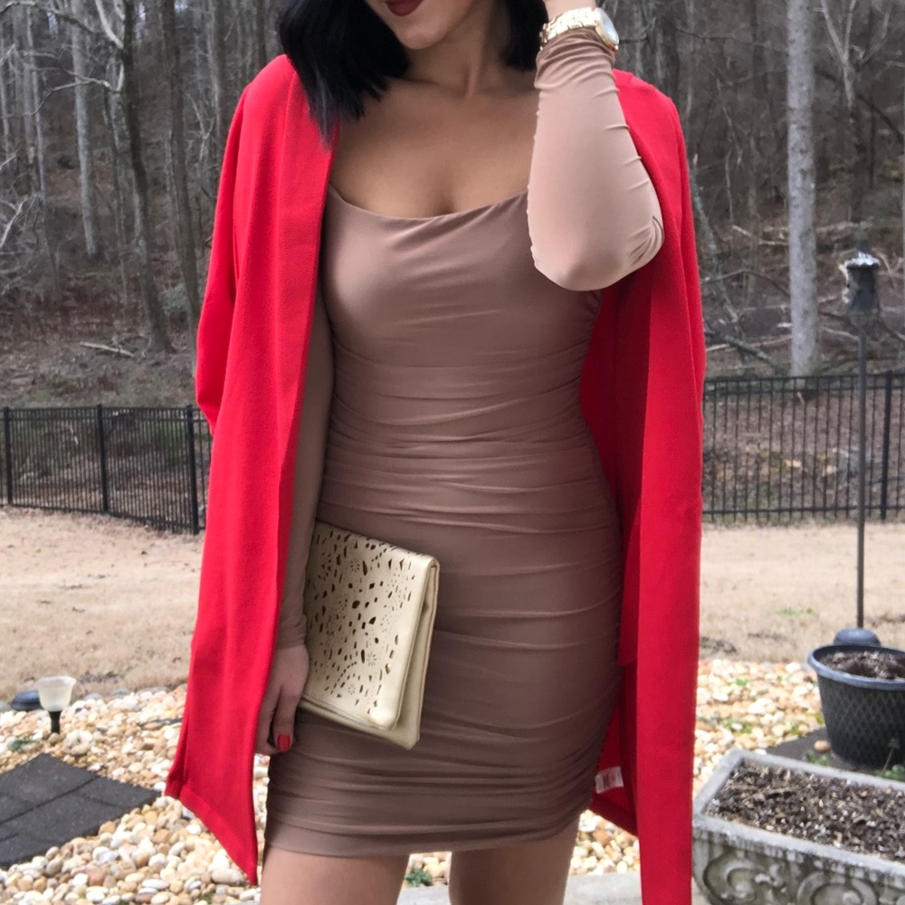 Long sleeve Beige Ruched dress